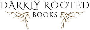 Logo for 'Darkly Rooted Books' with decorative elements on a white background