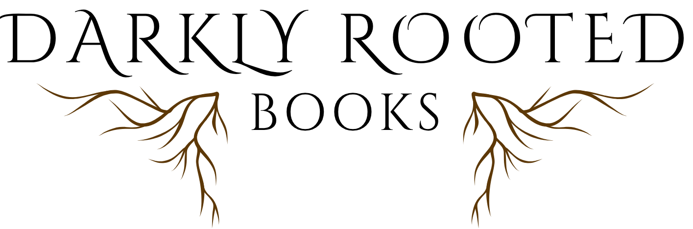 Logo for 'Darkly Rooted Books' with decorative elements on a white background